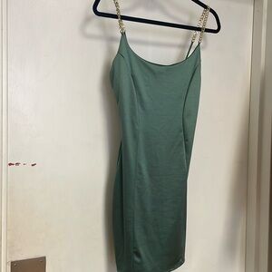 Green Silky Dress with Gold Chain Strap